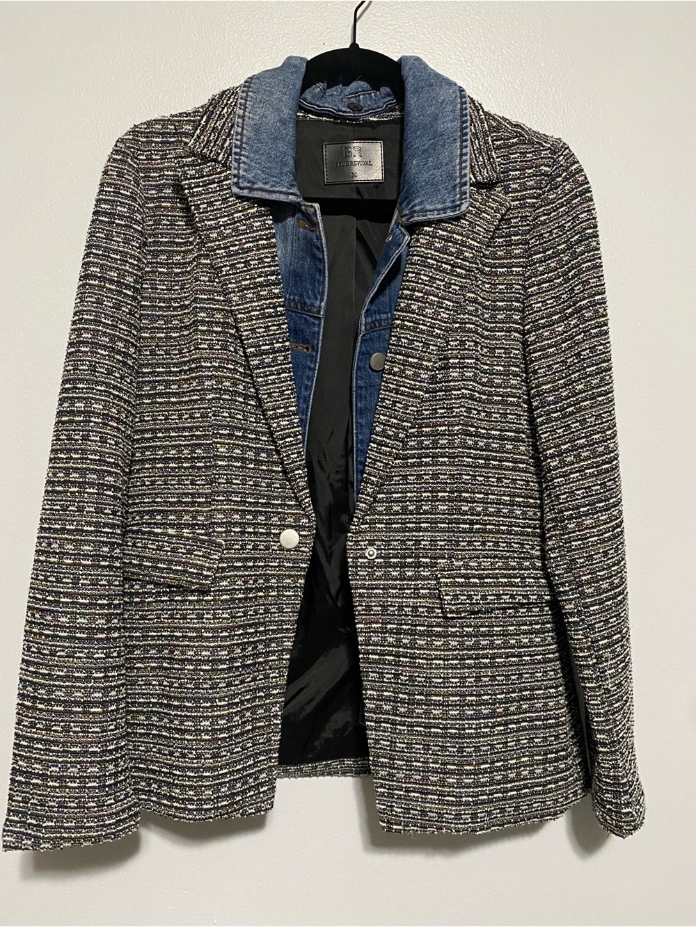 Blue Revival Tweed Blazer Removable Denim Collar Jacket Size M